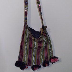 Billibong Cotton Boho Cross body Bag, with Pom Poms/Mirror detail on strap/coin